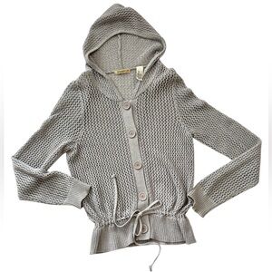 Stamp 10 Gray Hooded Open Weave Crochet Knit Cardigan Grey Drawstring Waist